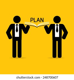 Teamwork leadership carry plan book on yellow background vector: business concept