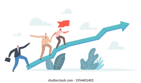 Teamwork und Führungskonzept. Geschäftsteam Climbing Arrow Chart mit Führern mit roter Flagge. Geschäftsleute ziehen Teamkollegen zum Höhepunkt des Erfolgs. Vektorgrafik von Cartoon People