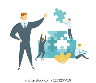 Teamwork and leadership concept. Leader guiding his team towards success. Businessmen with giant puzzle pieces. Partnership and collaboration. Flat vector illustration. Isolated.