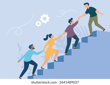 Teamwork and Leadership Concept – People Helping Each Other Climb Up Steps for Success and Support, vector-illustration