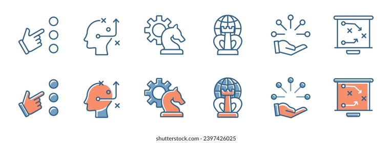 teamwork leadership decision for mission action plan icon set objective target strategy implementation option vector illustration outline for web and app