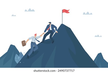 Teamwork, Leadership, Difficulties in overcoming success in business, Helping and supporting colleagues, The business leader reached and helped his team climb to the top of the mountain. Vector.