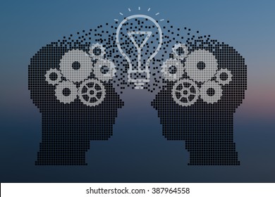 Teamwork and Leadership with education symbol represented by two human heads shaped with gears and lamp representing the concept of intellectual communication through technology exchange and ideas.