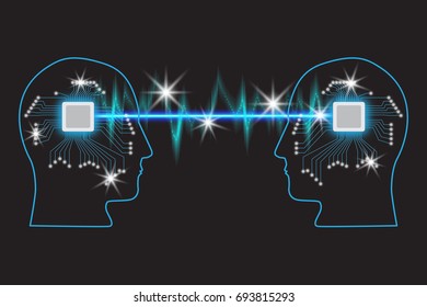 Teamwork and Leadership with education symbol represented by two human heads shaped with Glowing Neon Lights and Microcircuits representing the concept of intellectual communication through technology