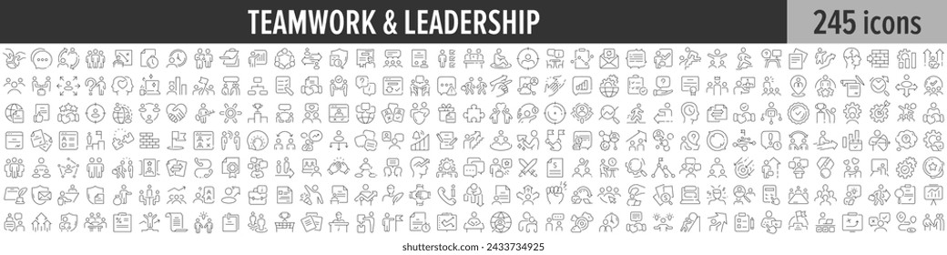 Teamwork and Leadership linear icon collection. Big set of 245 Teamwork and Leadership icons. Thin line icons collection. Vector illustration