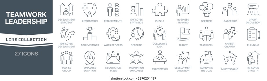 Teamwork and leadership linear signed icon collection. Signed thin line icons collection. Set of teamwork and leadership simple outline icons