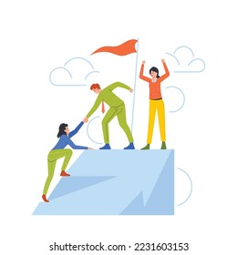 Teamwork, Leadership, Support Business Concept. Leader Character Help Colleague Climb to Top of Cleft with Red Flag, Businessman Help Teammate to Go Up on Mountain Peak. Cartoon Vector Illustration