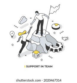 Teamwork, leadership, and support concept. Team member gives a hand to help his colleague to climb the top. Vector isometric illustration 