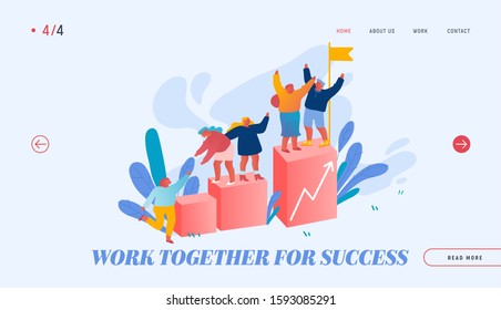 Teamwork and Leadership Website Landing Page. Business Team Climbing Up Column Chart with Leader Stand with Hoisted Flag on Top. Businesspeople Success Web Page Banner Cartoon Flat Vector Illustration