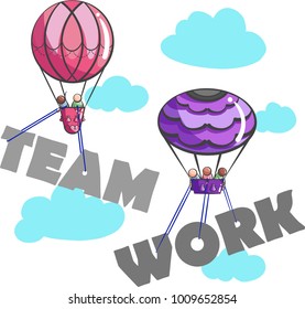 Teamwork lettering held up by two hot air balloons