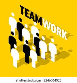 Teamwork lettering template made from team isometry members profile icons with teamwork text in the background. Teamwork concept illustration article header banner
