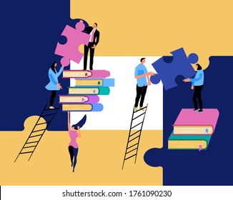 Teamwork and Library concept with funky flat people.Men, women build future together,pass puzzles each other,stand on the stairs and stacks of colored books.Vector illustration for business, bookstore