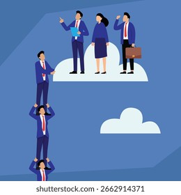 Teamwork to Lift a Person to a Higher Cloud where Other Business People are Standing 2d flat vector illustration