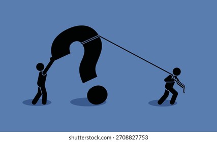 Trabajo en equipo: levantar un signo de interrogación gigante que simboliza la resolución de problemas, la Asistencia y la colaboración para superar desafíos y lograr soluciones.