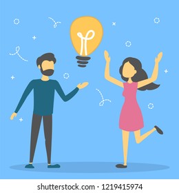 Teamwork with light bulb as a metaphor of idea and innovation. Happy flat character on blue have a solution and success. Partnership and consulting illustration