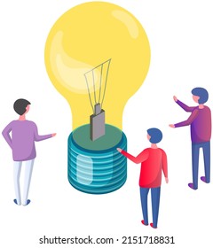 Teamwork and light bulb as symbol of new creative idea. People working on development of business plan at meeting. Planning startup, successful strategy concept. Discussing new project, develop idea