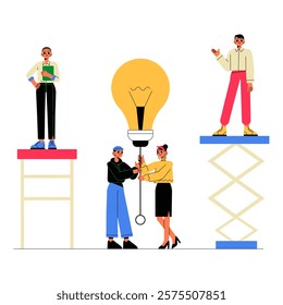 Teamwork With Lightbulb Symbolizing Collaboration, Innovation, And Problem Solving, Flat Vector Illustration Isolated On White Background