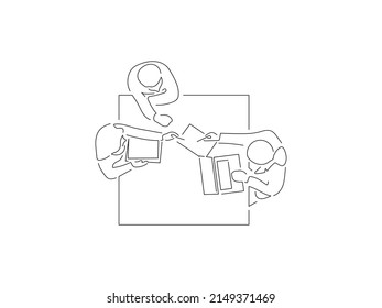 Teamwork in line art drawing style. Composition of a group of people using technology. Black linear sketch isolated on white background. Vector illustration design.