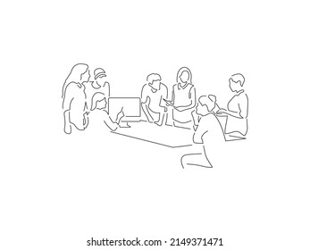 Teamwork in line art drawing style. Composition of a group of people using technology. Black linear sketch isolated on white background. Vector illustration design.