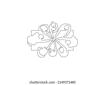 Teamwork in line art drawing style. Composition of a group of people using technology. Black linear sketch isolated on white background. Vector illustration design.