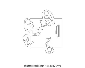 Trabajo en equipo con estilo de dibujo en línea. Composición de un grupo de personas usando tecnología. Esbozo lineal negro aislado sobre fondo blanco. Diseño de ilustración vectorial.