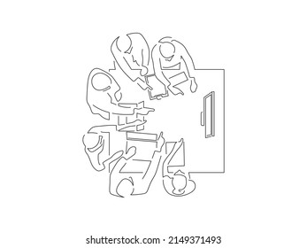 Teamwork in line art drawing style. Composition of a group of people using technology. Black linear sketch isolated on white background. Vector illustration design.