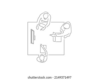 Teamwork in line art drawing style. Composition of a group of people using technology. Black linear sketch isolated on white background. Vector illustration design.