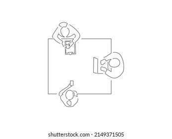 Teamwork in line art drawing style. Composition of a group of people using technology. Black linear sketch isolated on white background. Vector illustration design.