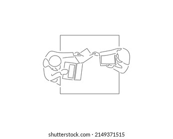 Teamwork in line art drawing style. Composition of a group of people using technology. Black linear sketch isolated on white background. Vector illustration design.