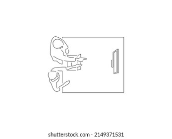 Trabajo en equipo con estilo de dibujo en línea. Composición de un grupo de personas usando tecnología. Esbozo lineal negro aislado sobre fondo blanco. Diseño de ilustración vectorial.