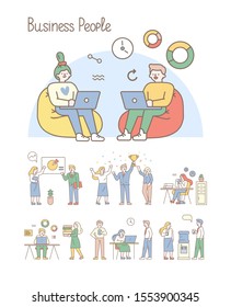 Teamwork line art vector illustration. Office workplace, meeting. People working together in the office. Flat vector illustration.