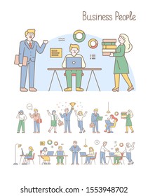 Teamwork line art vector illustration. Office workplace, meeting. People working together in the office. Flat vector illustration.