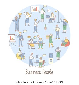 Teamwork line art vector illustration. Office workplace, meeting. People working together in the office. Flat vector illustration.