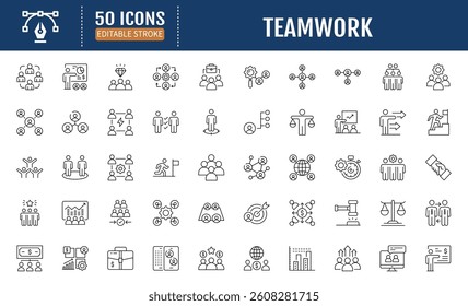 Teamwork line editable icon set. Containing team building, coaching, meeting, partnership, community, leadership and more. Vector Illustration 
