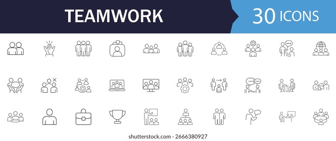 Symbolsatz für bearbeitbare Teamwork-Zeile. Mit Business-Kooperation, Partnerschaft, Synergie, Zusammenarbeit, Meeting, Management und Arbeitsplatzkonzepten für Web und Mobile. Lineare Vektorgrafik.