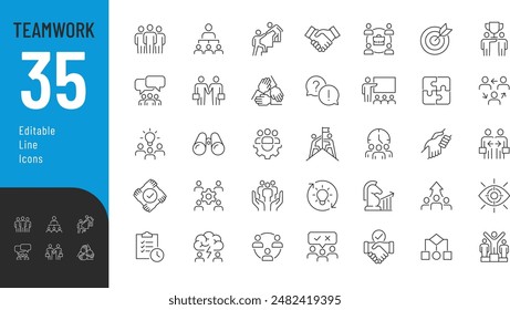 Conjunto de iconos editables de línea de trabajo en equipo. Ilustración vectorial en el estilo moderno de la línea delgada de los iconos relacionados con los negocios: colaboración, investigación, reunión y más. Pictogramas e infografías para App móviles