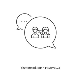 Teamwork line icon. Chat bubble design. Users communication. Male and Female profiles sign. Person silhouette symbol. Outline concept. Thin line people communication icon. Vector
