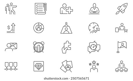 Teamwork line icon collection. Businessman, team, recruitment, leadership, agreement, success, leader, meeting, goal, vision, and group work icon set. UI outline icon pack