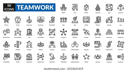 Teamwork line icon collection set. Includes collaboration, unity, support, synergy, partnership, group, coordination, leadership, goal, strategy, communication, trust, effort, planning, success