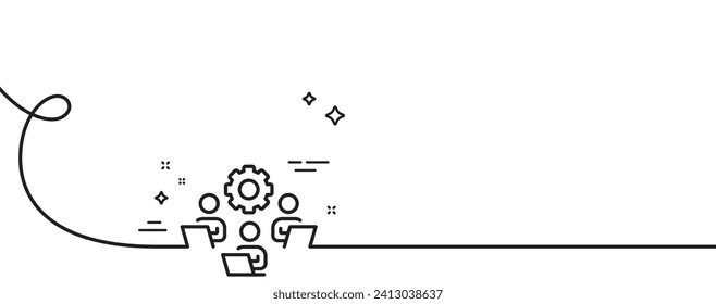 Icono de línea de trabajo en equipo. Una línea continua con curl. Signo de oficina remota. Símbolo de empleados de equipo. cinta de esquema simple de trabajo en equipo. Patrón de curva de bucle. Vector