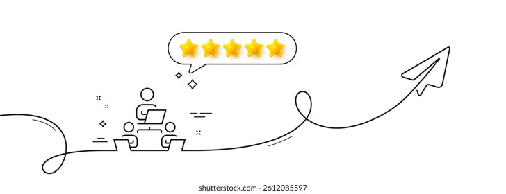 Teamwork line icon. Continuous line with share plane. Remote office sign. Team employees symbol. Five star rate review in speech bubble. Teamwork single line ribbon. Loop curve pattern. Vector
