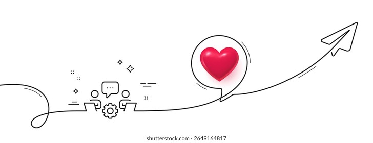 Teamwork line icon. Continuous line with share plane. Remote office sign. Team employees symbol. 3d heart in speech bubble. Teamwork single line ribbon. Loop curve pattern. Vector