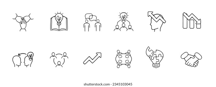 Icono de línea de trabajo en equipo. Intercambio de experiencias e ideas, comunicación con colegas, bombilla, idea. Icono de línea negra vectorial sobre fondo blanco para empresas
