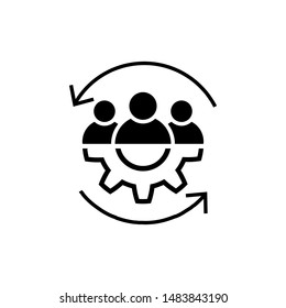 Teamwork line icon in flat style. Team and gear symbol with arrows isolated on white. Leadership concept. Vector group of people icon. Simple teamwork abstract icon in black. Vector illustration