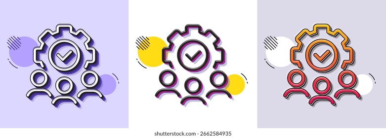 Ícone de linha de trabalho em equipe. Padrão pontilhado de meio-tom. Ícone de gradiente com sombra de grão. Sinal de fluxo de trabalho comercial. Símbolo de reunião de trabalho. Ícone Linha do Trabalho em Equipe. Vários desenhos. Vetor