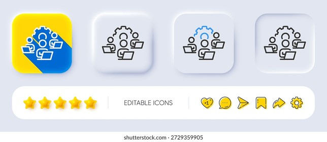 Icono de línea de trabajo en equipo. Neumórfico, Sombra plana, Botones 3D. Señal de oficina remota. Símbolo de empleados de Equipo. Icono de línea de trabajo en equipo. Iconos de redes sociales. Vector