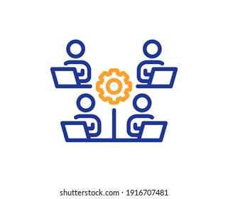 Teamwork line icon. Remote office sign. Networking team employees symbol. Quality design element. Line style teamwork icon. Editable stroke. Vector