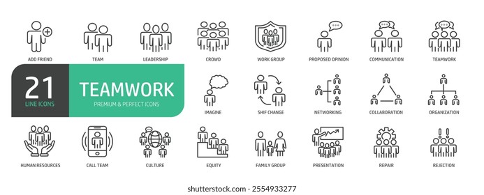 Teamwork line icon set. Collection of seminar, meeting, presentation, work group, Human Resources and more