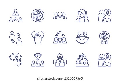 Teamwork line icon set. Editable stroke. Vector illustration. Containing team, puzzle, teamwork, meeting, interaction, hands, motivation, work, winner, success, benefits.