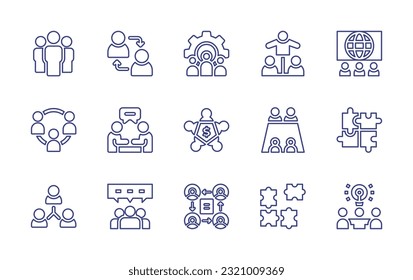 Conjunto de iconos de la línea de trabajo en equipo. Trazo editable. Ilustración vectorial. Conteniendo trabajo en equipo, red, equipo, intermediario, presentación, trabajo en equipo, entrevista, reunión, puzzle, grupo.